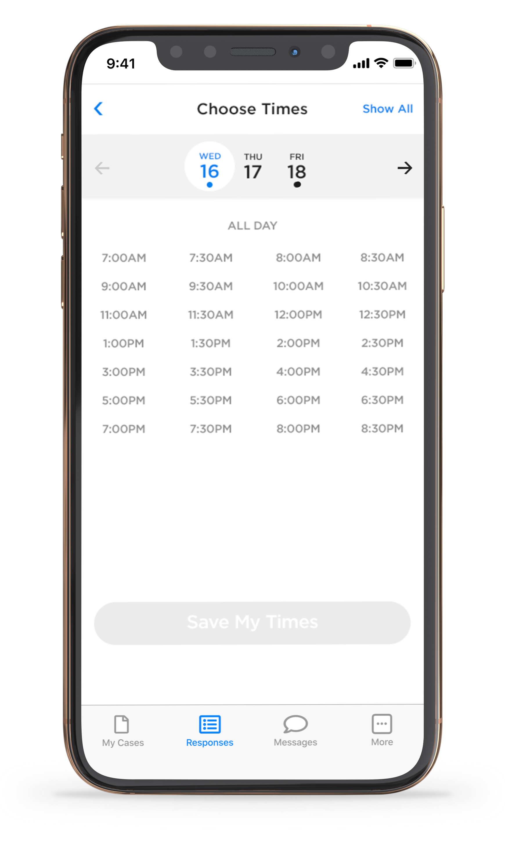 Legalmatch calendar app on iPhoneX - select meeting times
